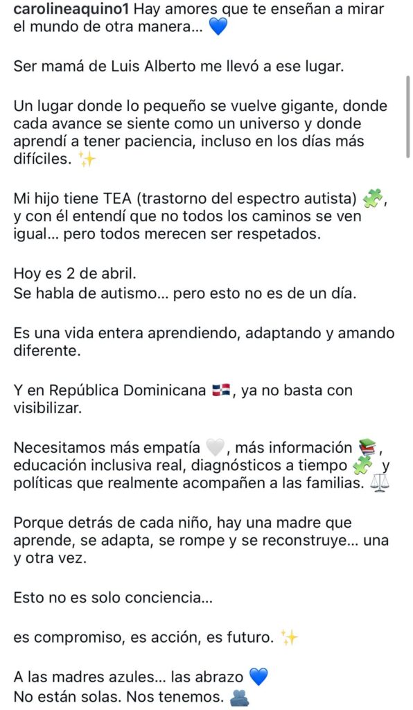 Caroline Aquino alza su voz sobre el Autismo y llama a mayor inclusión en RD - Noticias de hoy en República Dominicana | De Último Minuto