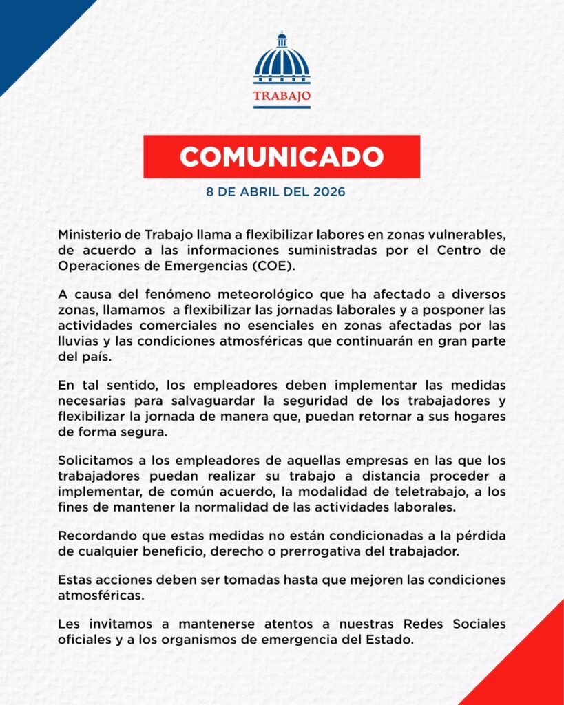 Gobierno insta a empresas a flexibilizar horarios y promover teletrabajo ante intensas lluvias - Noticias de hoy en República Dominicana | De Último Minuto