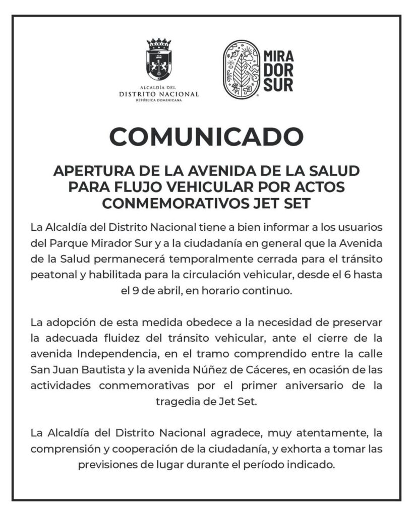 Autoridades reiteran apertura al tránsito vehicular en la avenida de la Salud desde este lunes hasta el jueves - Noticias de hoy en República Dominicana | De Último Minuto
