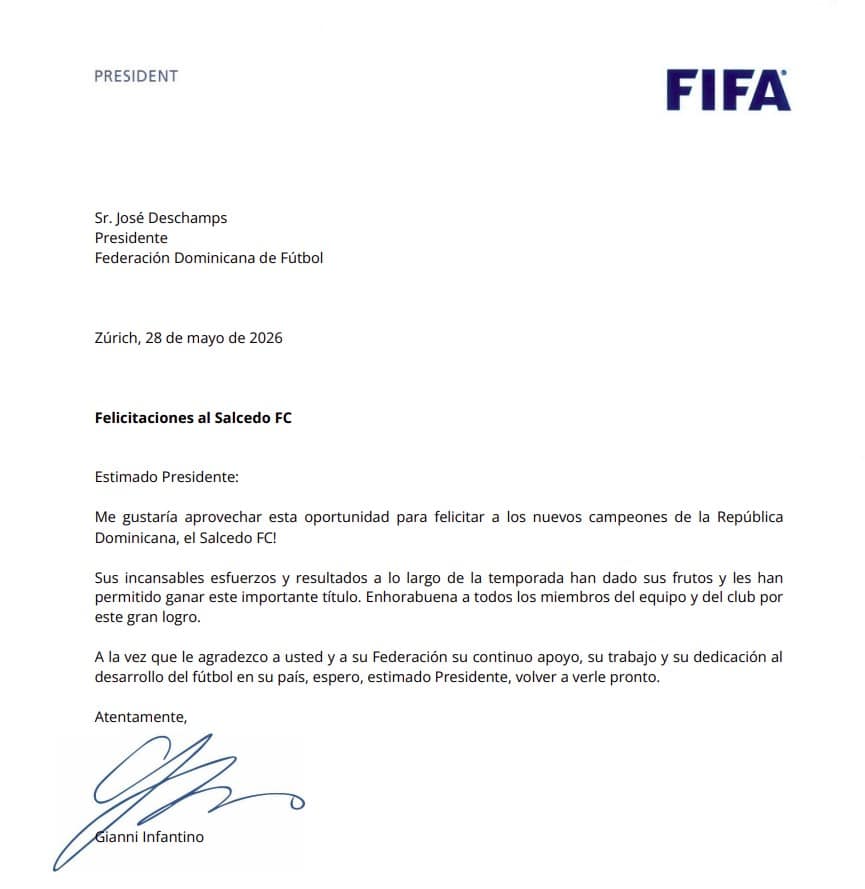 Gianni Infantino felicita al Salcedo FC por conquistar histórico título de la LDF - Noticias de hoy en República Dominicana | De Último Minuto