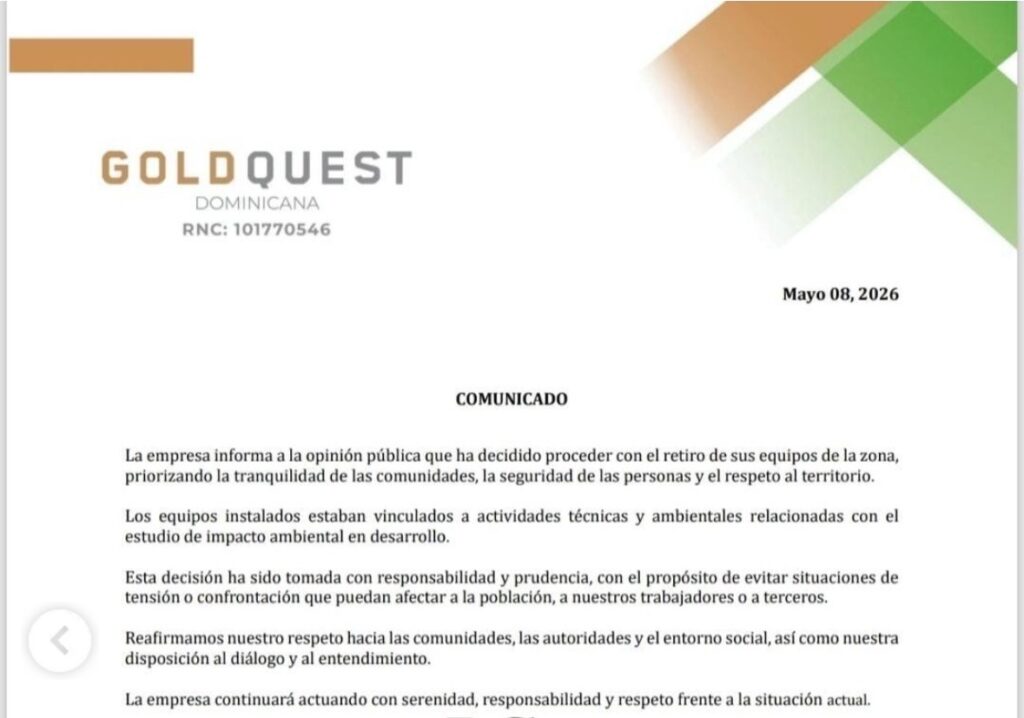 GoldQuest Dominicana anuncia el retiro de sus equipos para garantizar la paz social - Noticias de hoy en República Dominicana | De Último Minuto