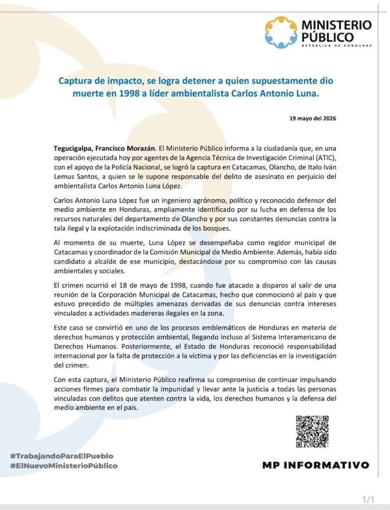 Honduras: Cae sospechoso por asesinato del ambientalista Carlos Luna tras 28 años prófugo - Noticias de hoy en República Dominicana | De Último Minuto