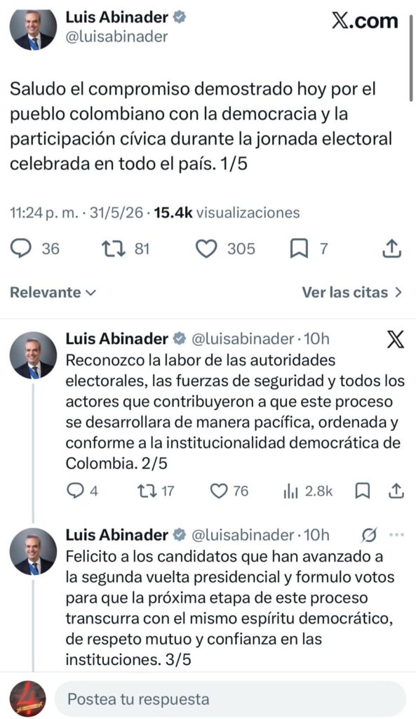 Presidente Abinader felicita a Colombia por su jornada electoral y reafirma el compromiso democrático de la región - Noticias de hoy en República Dominicana | De Último Minuto