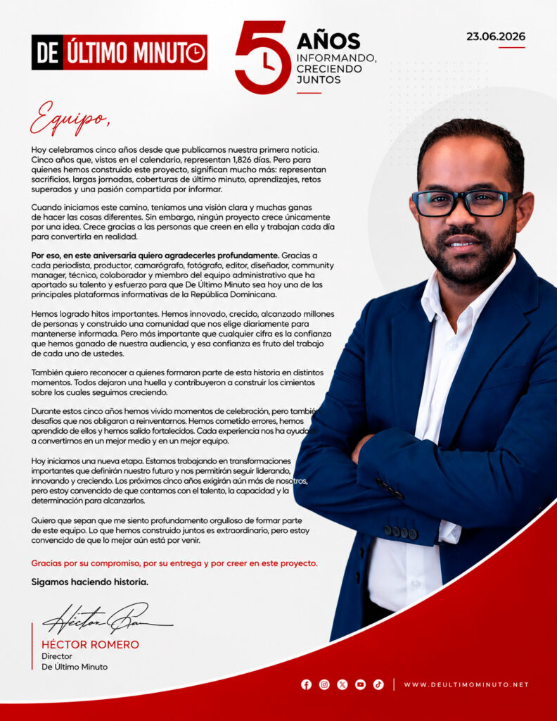 Carta al equipo por 5 años De Último Minuto - Noticias de hoy en República Dominicana | De Último Minuto