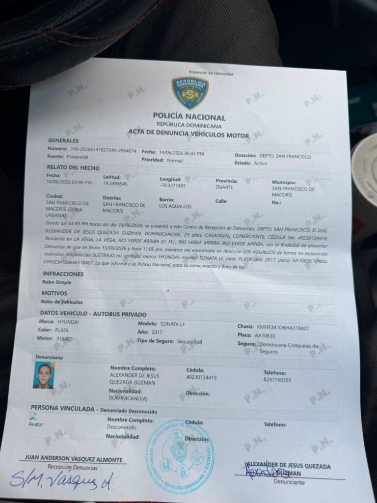 Denuncian robo de vehículo el pasado fin de semana en San Francisco de Macorís - Noticias de hoy en República Dominicana | De Último Minuto