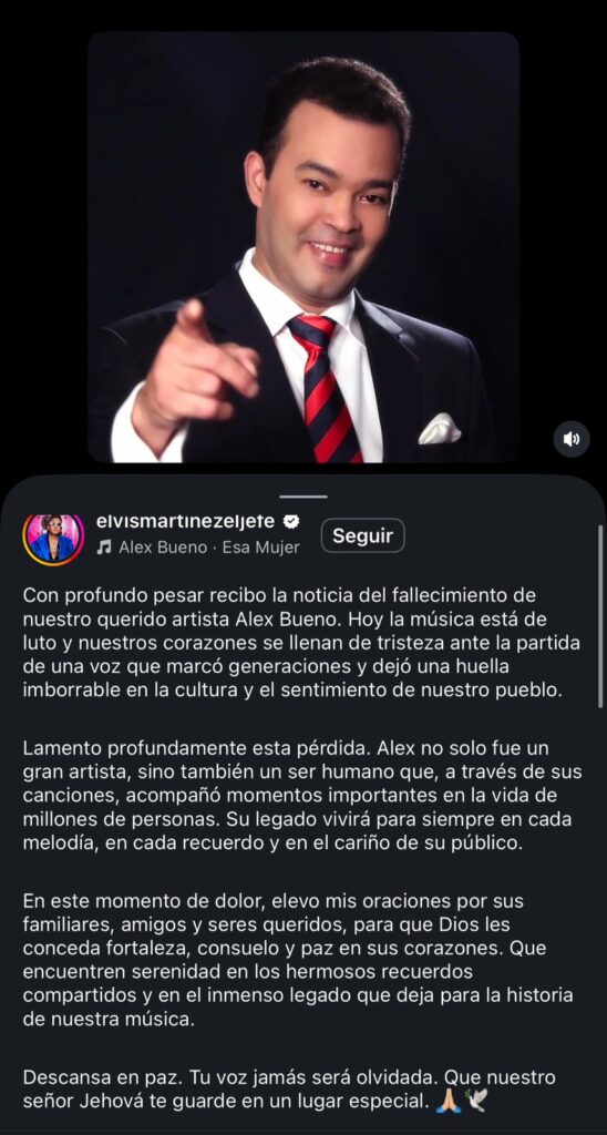 Conmoción y luto en la música latina: consternación de artistas ante el fallecimiento de Alex Bueno | 4 | Conmoción y luto en la música latina: consternación de artistas ante el fallecimiento de Alex Bueno - Noticias de hoy en República Dominicana | De Último Minuto